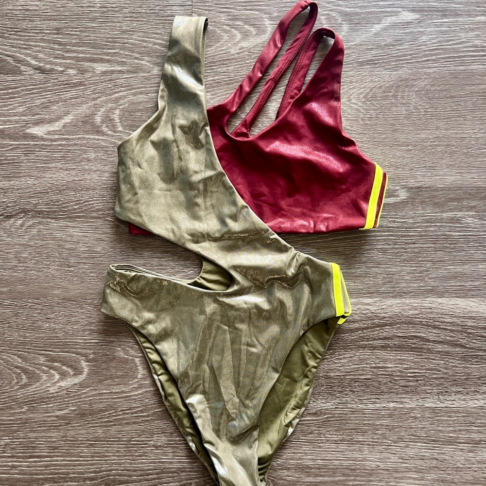 Ivy Park X Adidas Asymmetric Cutout two-Piece Swimsuit Olive & Maroon. size L - Picture 8 of 16